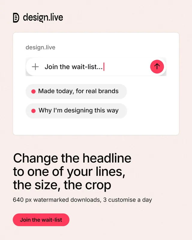 Instagram portrait post for design.live: "Change the headline to one of your lines, the size, the crop". Data card style, bottom layout, light palette in white, red.