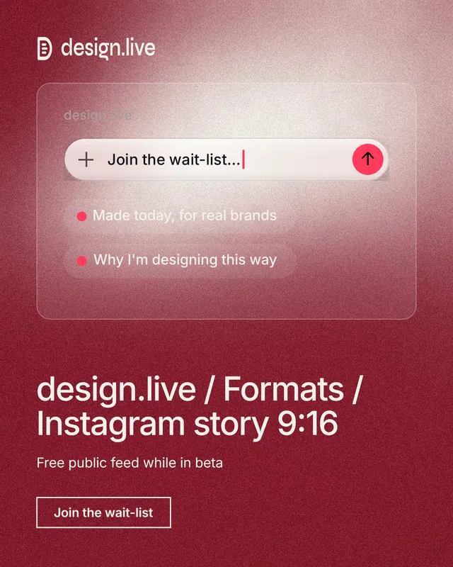 Instagram portrait post for design.live: "design.live / Formats / Instagram story 9:16". Cyanotype style, bottom layout, light palette in red.