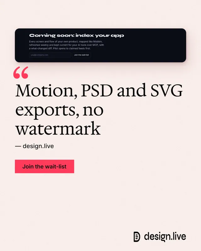 Instagram portrait post for design.live: "Motion, PSD and SVG exports, no watermark". Swiss style, quote layout, light palette in white, grey.