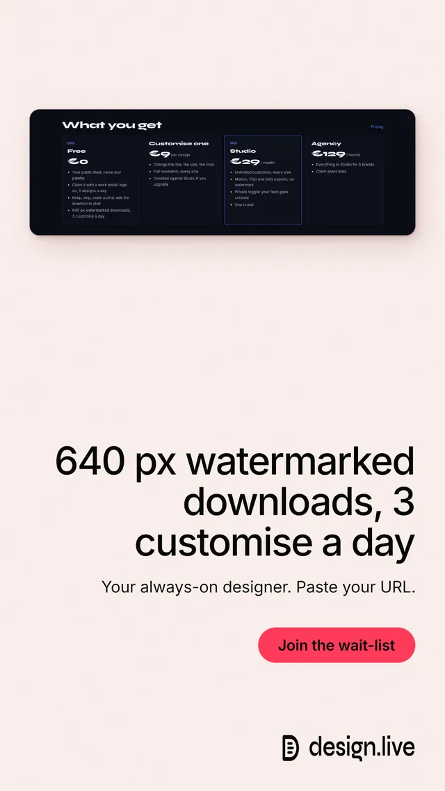Instagram story for design.live: "640 px watermarked downloads, 3 customise a day". Data card style, right layout, light palette in white, grey, red.