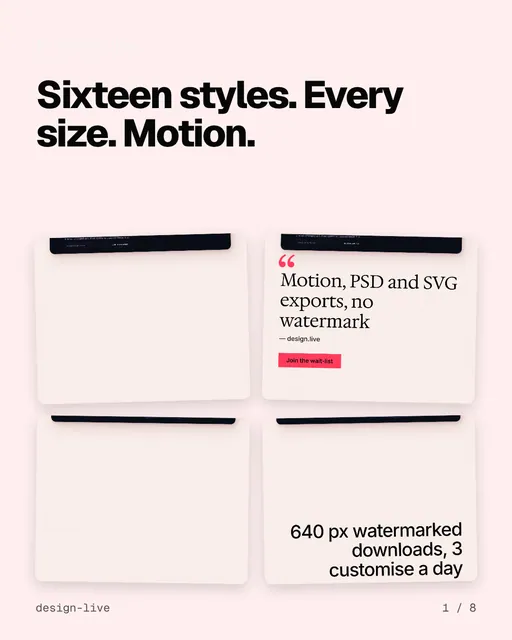Carousel for design.live: "Sixteen styles. Every size. Motion.". Collection carousel, 8 slides, light palette.