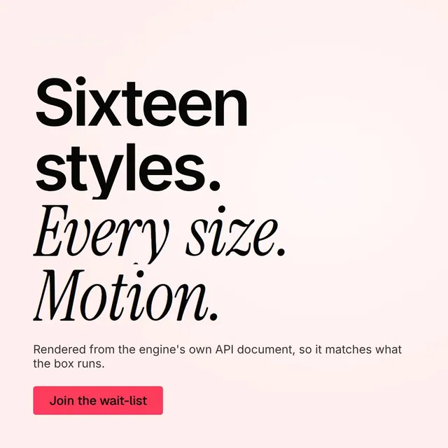 Video for design.live: "Sixteen styles. Every size. Motion.". Doc motion loop, 8.0 s, light palette.