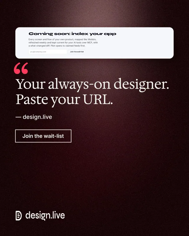 Instagram portrait post for design.live: "Your always-on designer. Paste your URL." Dark deco style, quote layout, dark palette in red, black, grey.