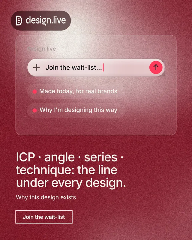 Instagram portrait post for design.live: "ICP · angle · series · technique: the line under every design." Cyanotype style, bottom layout, dark palette in red.