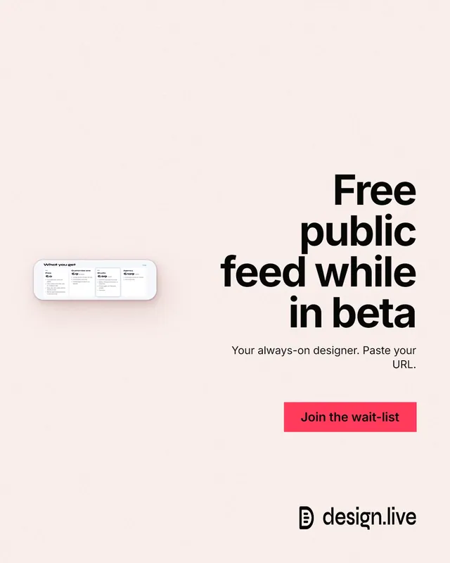 Instagram portrait post for design.live: "Free public feed while in beta". Swiss style, right layout, light palette in white, red.