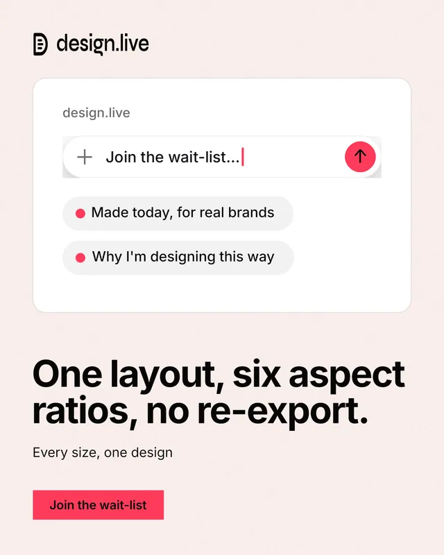 Instagram portrait post for design.live: "One layout, six aspect ratios, no re-export." Swiss style, bottom layout, light palette in white, red.