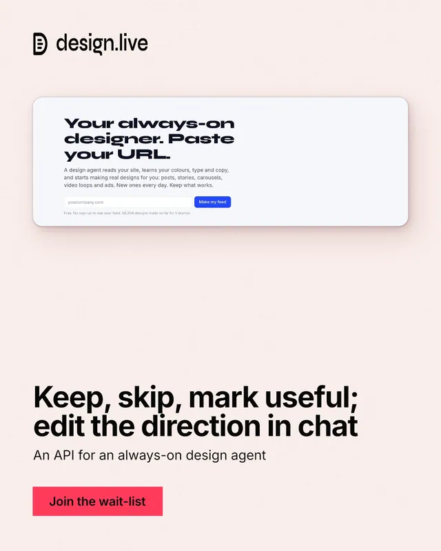 Instagram portrait post for design.live: "Keep, skip, mark useful; edit the direction in chat". Swiss style, bottom layout, light palette in white, grey.