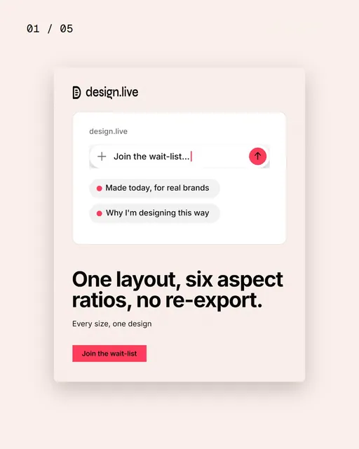 Video for design.live. Ad flipbook, 7.5 s, light palette.