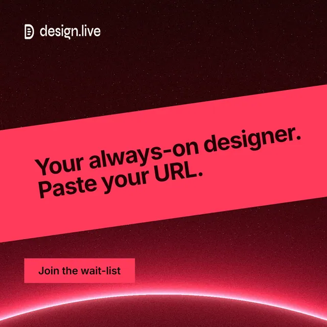 Instagram post for design.live: "Your always-on designer. Paste your URL." Swiss style, diagonal layout, dark palette in black, red.