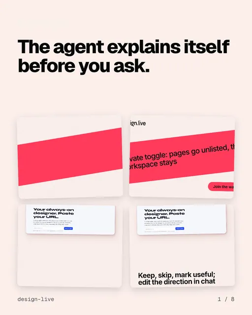 Carousel for design.live: "The agent explains itself before you ask.". Collection carousel, 8 slides, light palette.