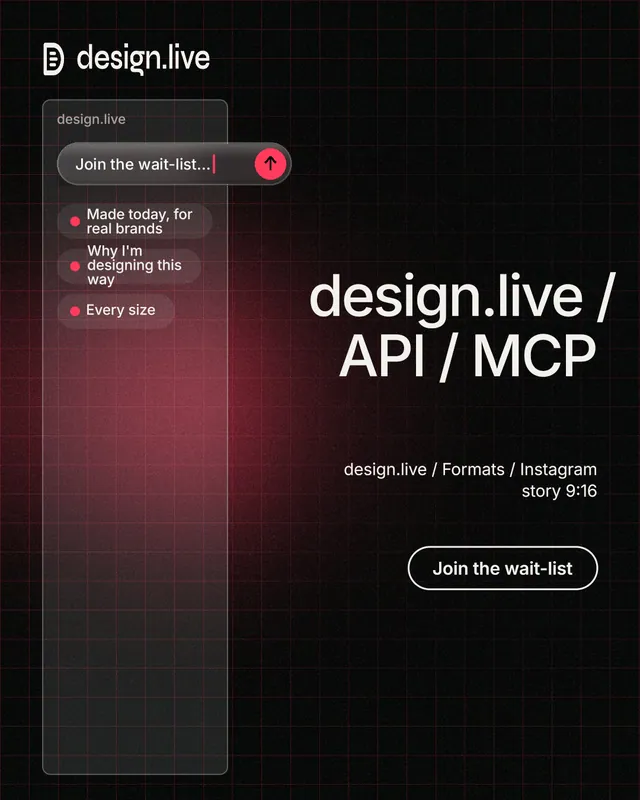 Instagram portrait post for design.live: "design.live / API / MCP". Phosphor atlas style, right layout, dark palette in black, red, grey.