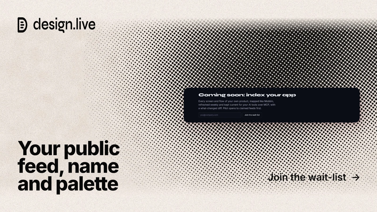 Landscape graphic for design.live: "Your public feed, name and palette". Ink sticker style, image led layout, light palette in black, orange, grey.