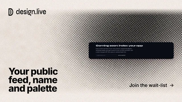 Landscape graphic for design.live: "Your public feed, name and palette". Ink sticker style, image led layout, light palette in black, orange, grey.