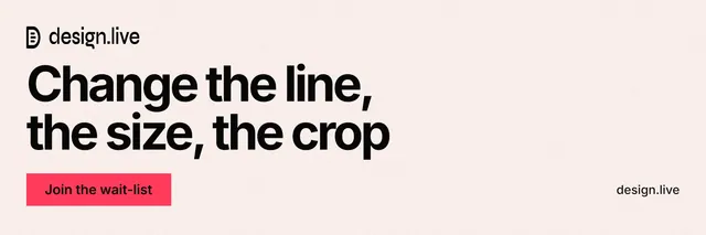 X header for design.live: "Change the line, the size, the crop". Swiss style, poster layout, light palette in white, grey.