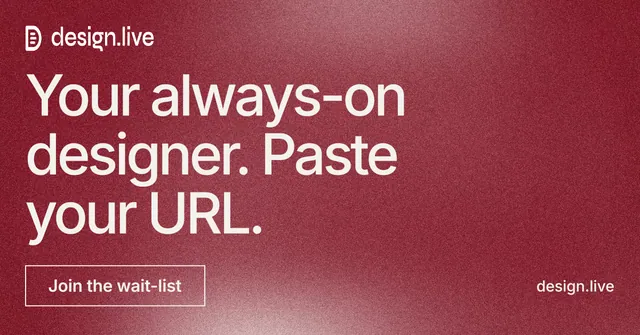 Social ad for design.live: "Your always-on designer. Paste your URL." Cyanotype style, poster layout, dark palette in red.
