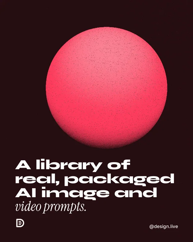 Instagram portrait post for design.live: "A library of real, packaged AI image and video prompts." Auto 4x5 style, technique:shader field layout, dark palette in black, red.