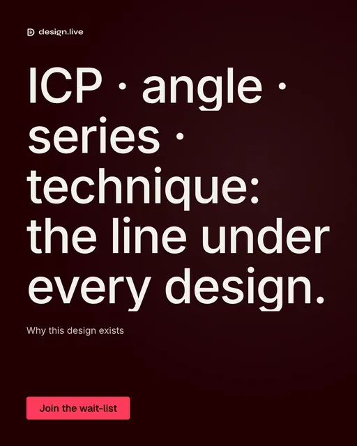 Video for design.live: "ICP · angle · series · technique: the line under every design.". Doc motion loop, 8.0 s, dark palette.