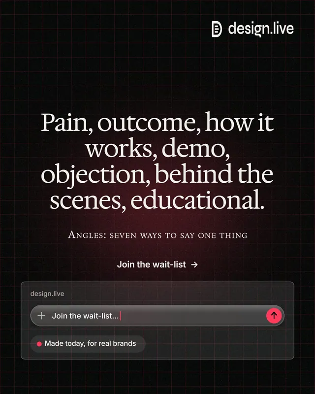 Instagram portrait post for design.live: "Pain, outcome, how it works, demo, objection, behind the scenes, educational." Phosphor atlas style, smallcaps layout, dark palette in black, grey.