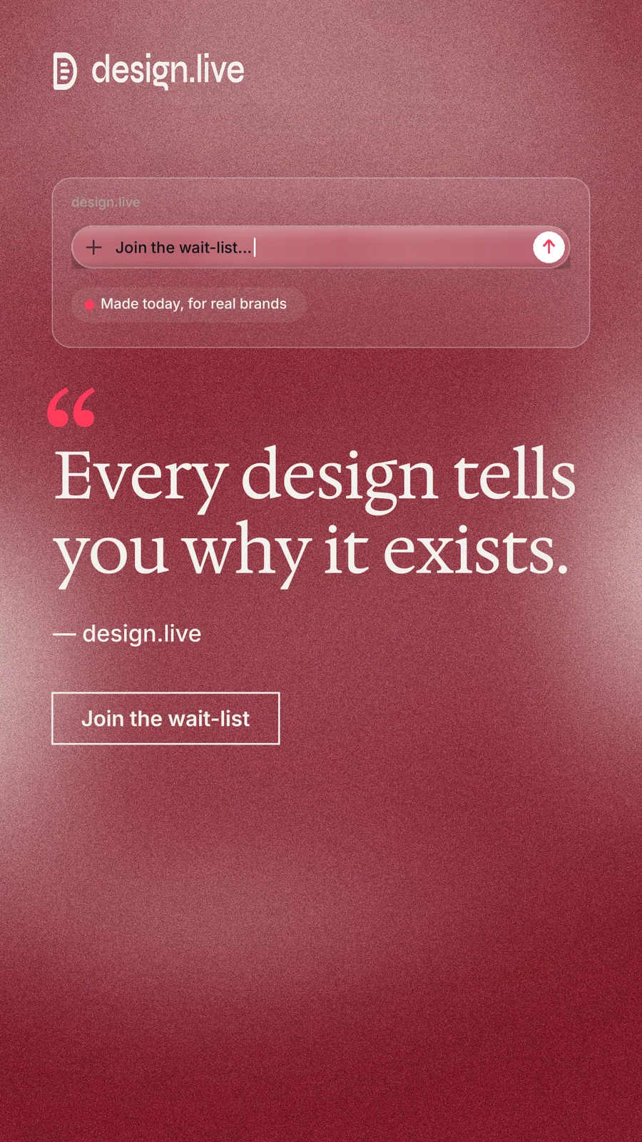 Instagram story for design.live: "Every design tells you why it exists." Cyanotype style, quote layout, dark palette in red.