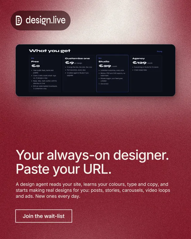 Instagram portrait post for design.live: "Your always-on designer. Paste your URL." Cyanotype style, bottom layout, dark palette in red, black.