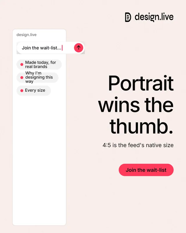 Instagram portrait post for design.live: "Portrait wins the thumb." Data card style, right layout, light palette in white, red.