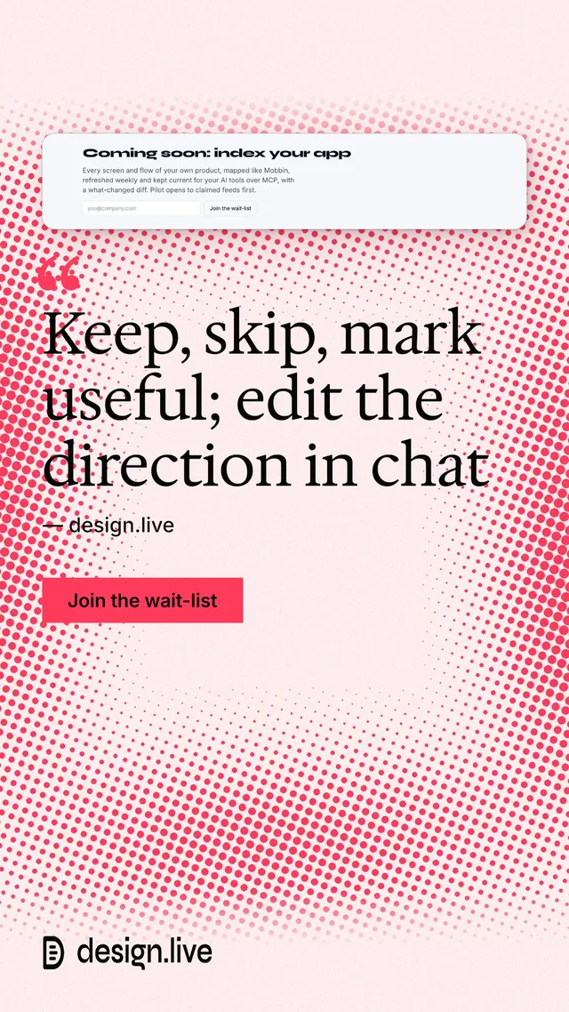 Instagram story for design.live: "Keep, skip, mark useful; edit the direction in chat". Swiss style, quote layout, light palette in white, red.