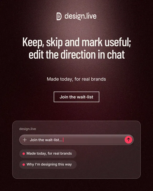 Instagram portrait post for design.live: "Keep, skip and mark useful; edit the direction in chat". Dark deco style, centred layout, dark palette in red, black, grey.