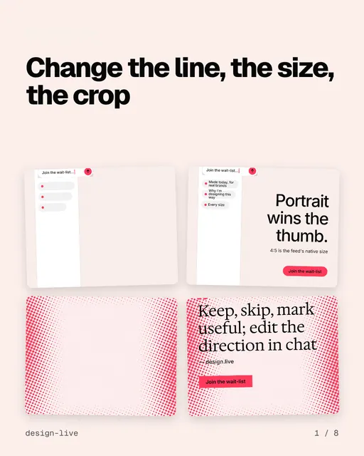 Carousel for design.live: "Change the line, the size, the crop". Collection carousel, 8 slides, light palette.