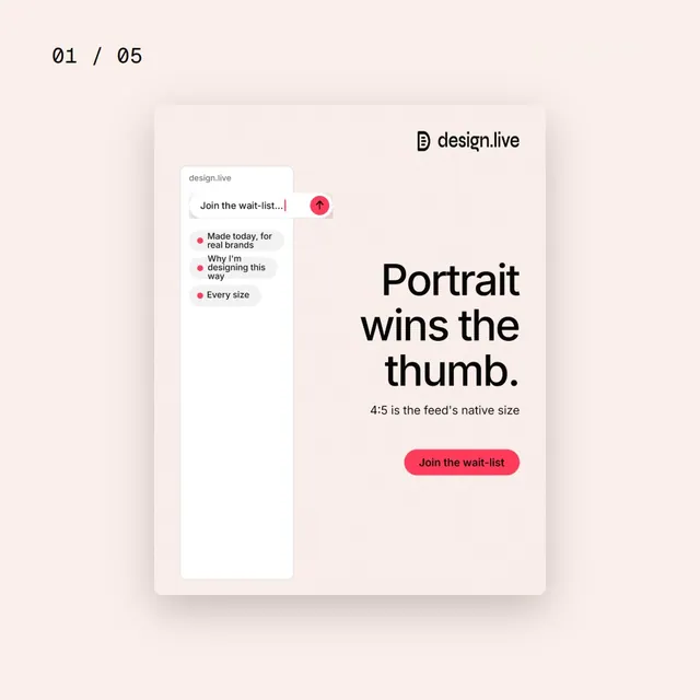 Video for design.live. Ad flipbook, 7.5 s, light palette.