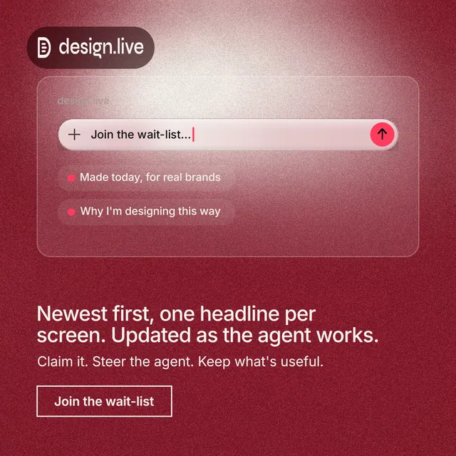 Instagram post for design.live: "Newest first, one headline per screen. Updated as the agent works." Cyanotype style, bottom layout, dark palette in red.