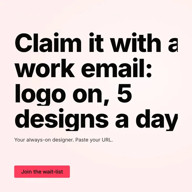 Video for design.live: "Claim it with a work email: logo on, 5 designs a day". Kinetic type grid, 7.0 s, light palette.