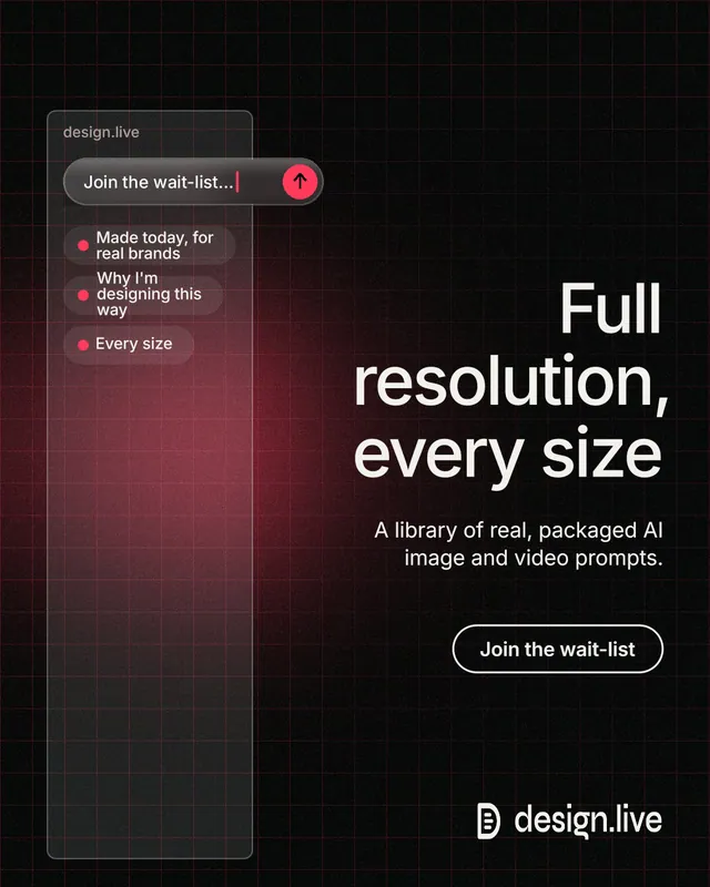 Instagram portrait post for design.live: "Full resolution, every size". Phosphor atlas style, right layout, dark palette in black, red, grey.