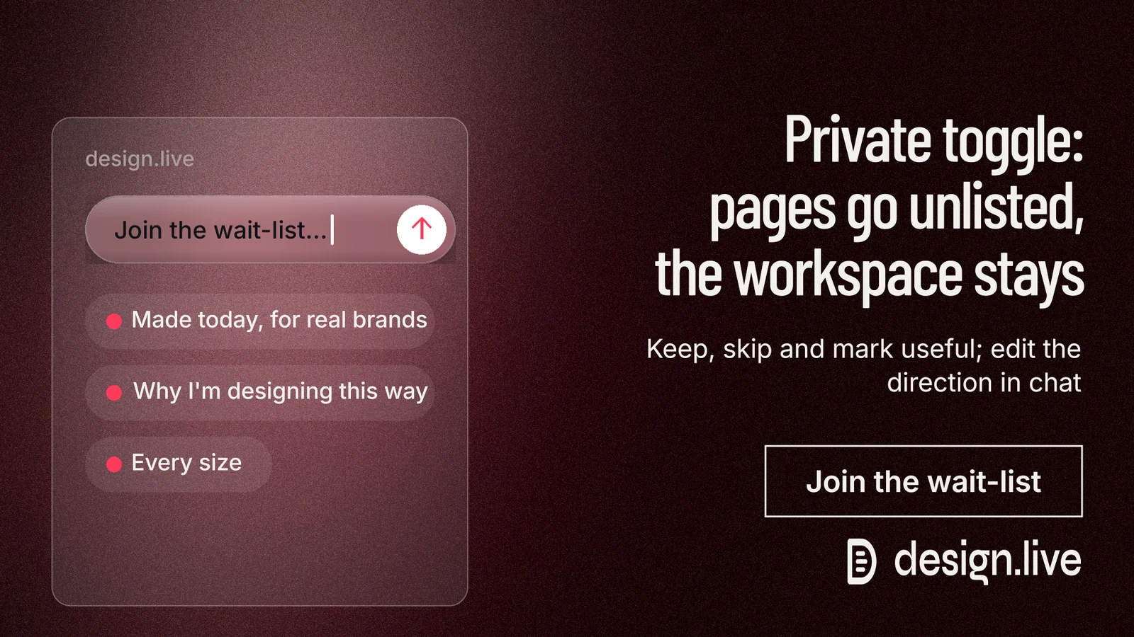 Landscape graphic for design.live: "Private toggle: pages go unlisted, the workspace stays". Dark deco style, right layout, dark palette in black, red, grey.