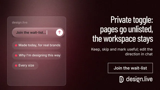 Landscape graphic for design.live: "Private toggle: pages go unlisted, the workspace stays". Dark deco style, right layout, dark palette in black, red, grey.