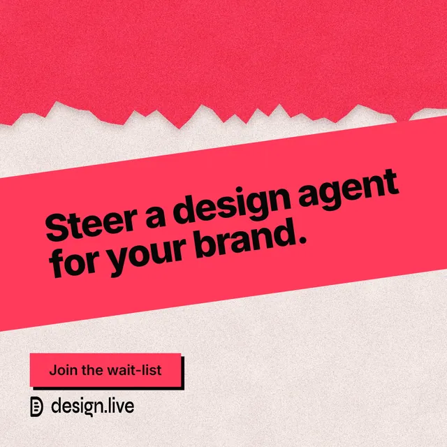 Instagram post for design.live: "Steer a design agent for your brand." Paper trio style, diagonal layout, light palette in red, orange.