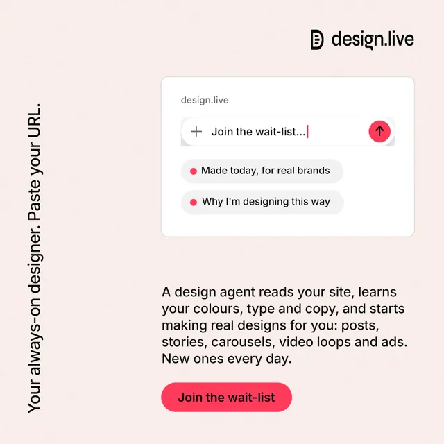 Instagram post for design.live: "Your always-on designer. Paste your URL." Data card style, vertical layout, light palette in white, red.