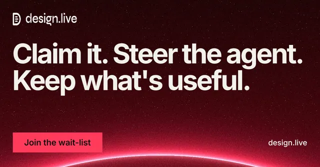 Social ad for design.live: "Claim it. Steer the agent. Keep what's useful." Swiss style, poster layout, dark palette in black, red.
