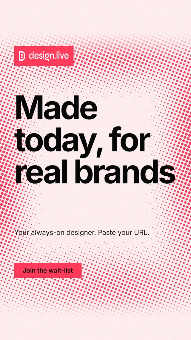 Instagram story for design.live: "Made today, for real brands". Swiss style, announce layout, light palette in red, white.