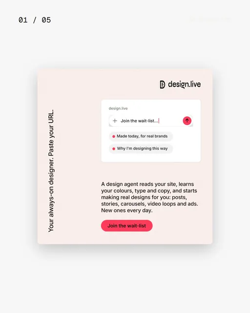 Video for design.live. Ad flipbook, 7.5 s, light palette.