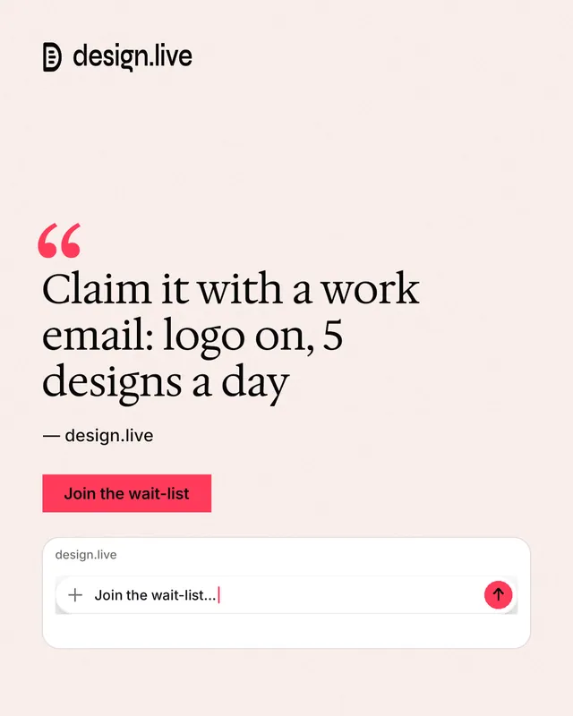 Instagram portrait post for design.live: "Claim it with a work email: logo on, 5 designs a day". Swiss style, quote layout, light palette in white, red.