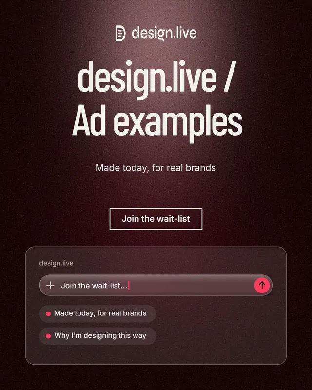 Instagram portrait post for design.live: "design.live / Ad examples". Dark deco style, centred layout, dark palette in red, black, grey.