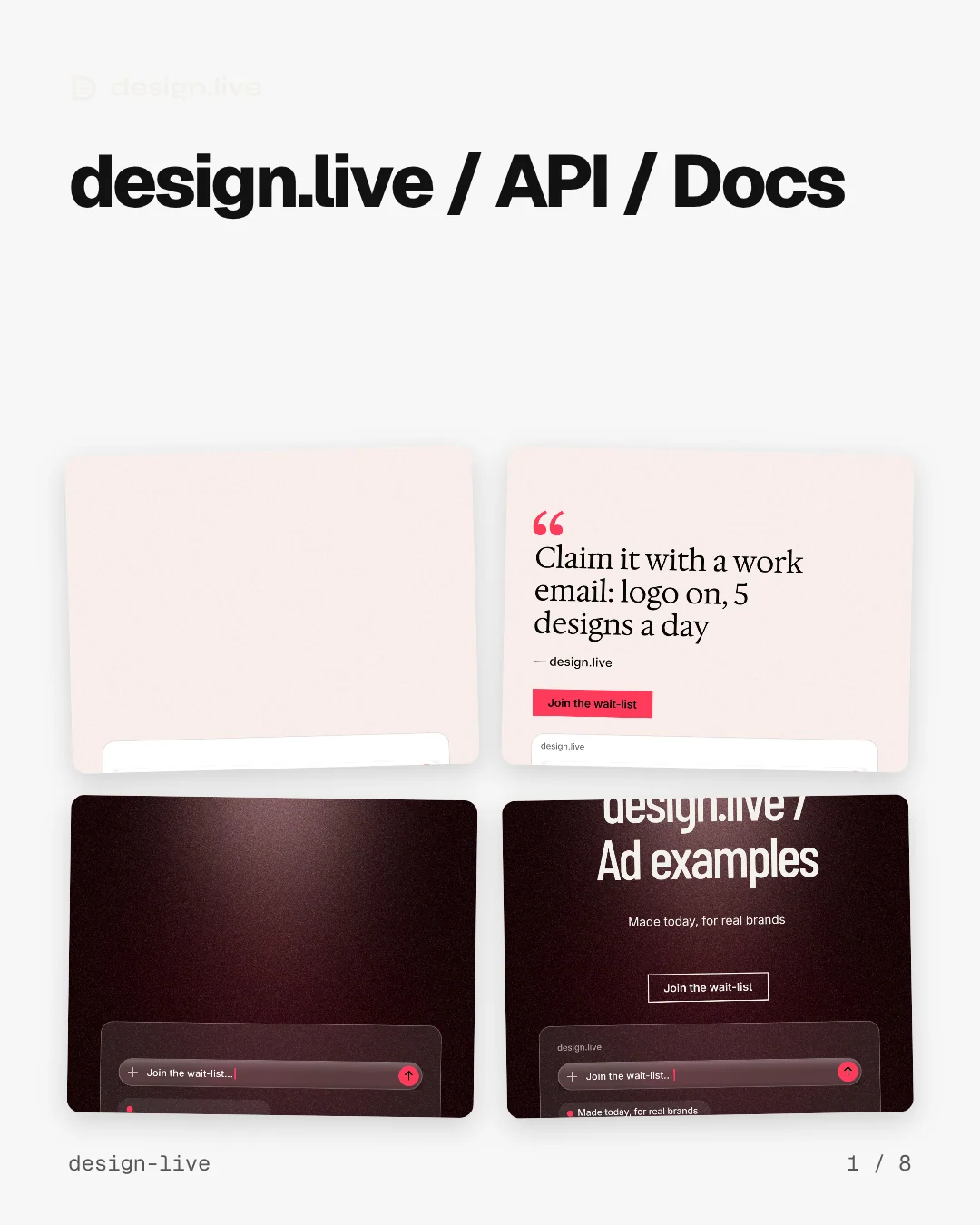 Carousel for design.live: "design.live / API / Docs". Collection carousel, 8 slides, light palette.