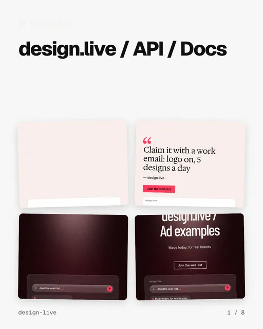 Carousel for design.live: "design.live / API / Docs". Collection carousel, 8 slides, light palette.