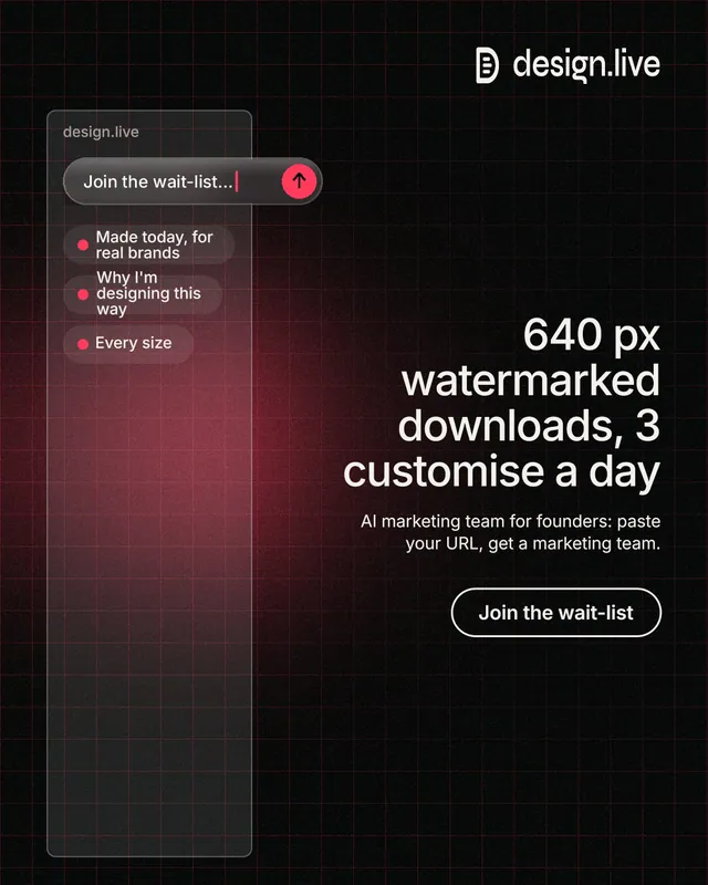Instagram portrait post for design.live: "640 px watermarked downloads, 3 customise a day". Phosphor atlas style, right layout, dark palette in red, grey, black.