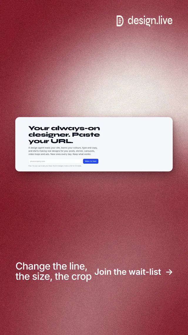 Instagram story for design.live: "Change the line, the size, the crop". Cyanotype style, image led layout, light palette in white, red.