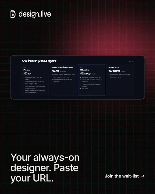 Instagram portrait post for design.live: "Your always-on designer. Paste your URL." Phosphor atlas style, image led layout, dark palette in black, grey.