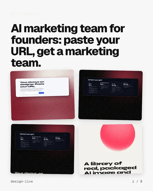 Carousel for design.live: "AI marketing team for founders: paste your URL, get a marketing team.". Collection carousel, 8 slides, light palette.
