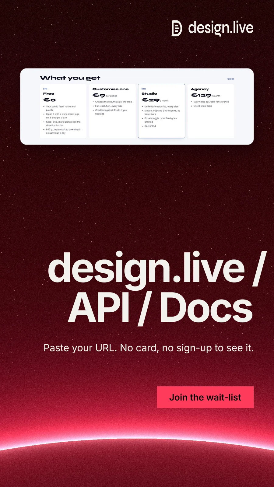 Instagram story for design.live: "design.live / API / Docs". Swiss style, right layout, dark palette in black, red.