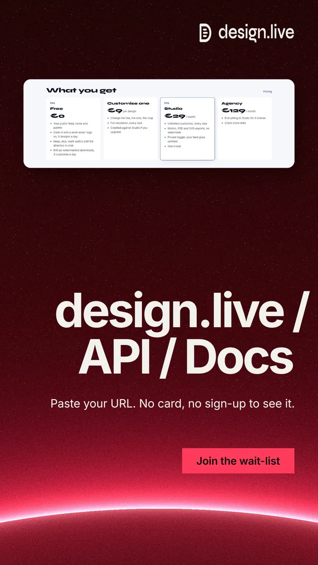 Instagram story for design.live: "design.live / API / Docs". Swiss style, right layout, dark palette in black, red.