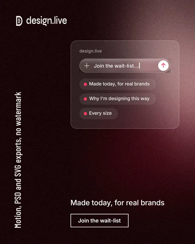 Instagram portrait post for design.live: "Motion, PSD and SVG exports, no watermark". Dark deco style, vertical layout, dark palette in black, grey, red.